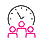 Icono de tres siluetas rosas delante de un gran reloj negro, que sugiere trabajo en equipo o gestión del tiempo, integrando perfectamente las API de Pago para transacciones digitales eficientes.